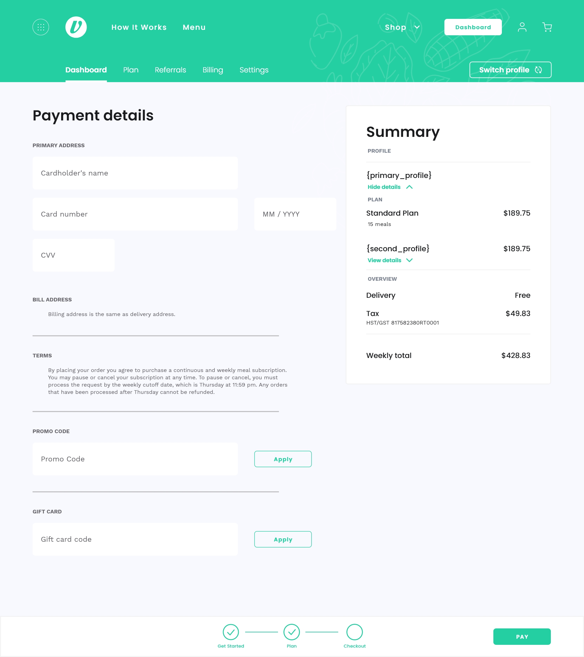 Vittle checkout with payment fields, subscription terms, and weekly order summary