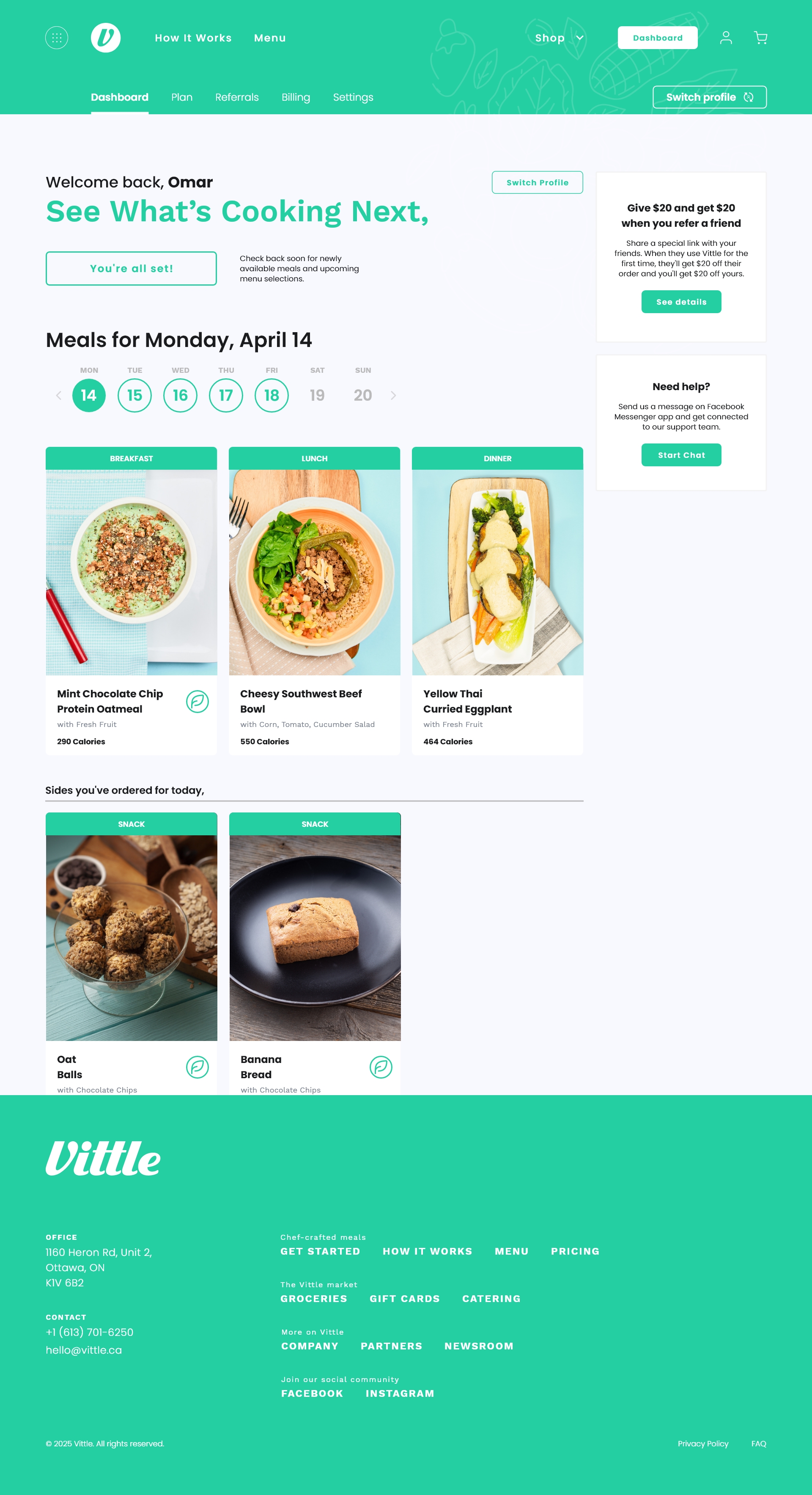 Vittle customer dashboard showing upcoming meals and account support