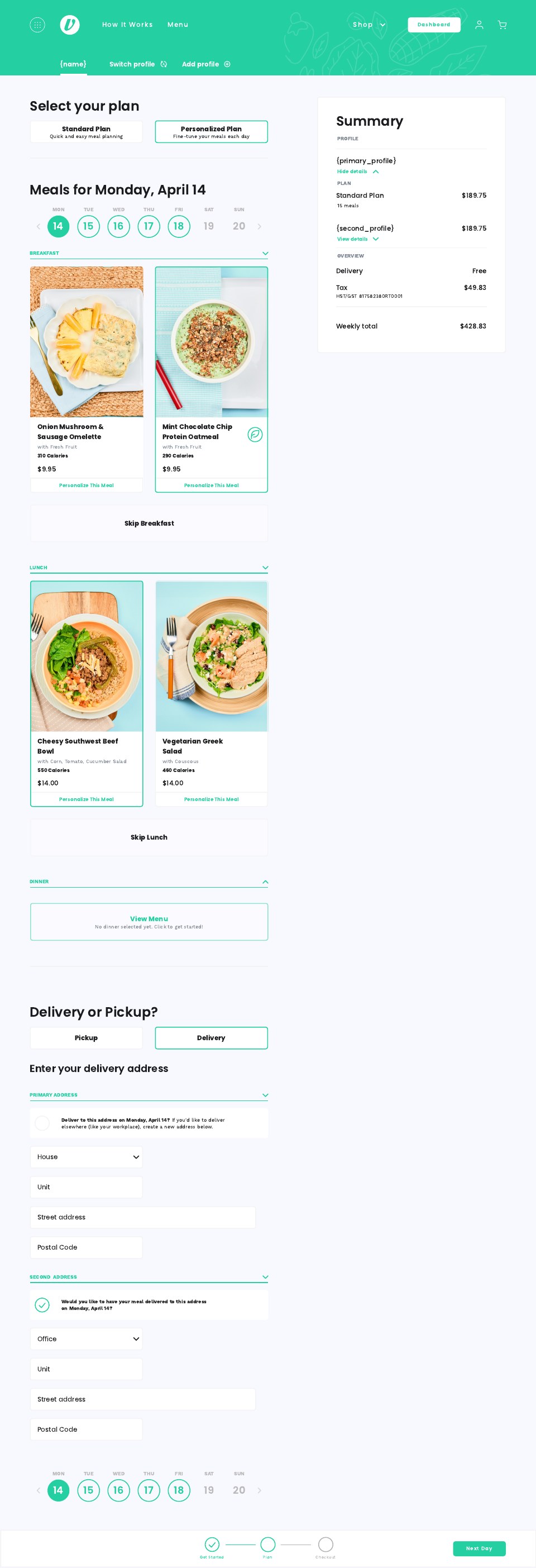 Vittle personalized meal planner with daily meal and delivery options