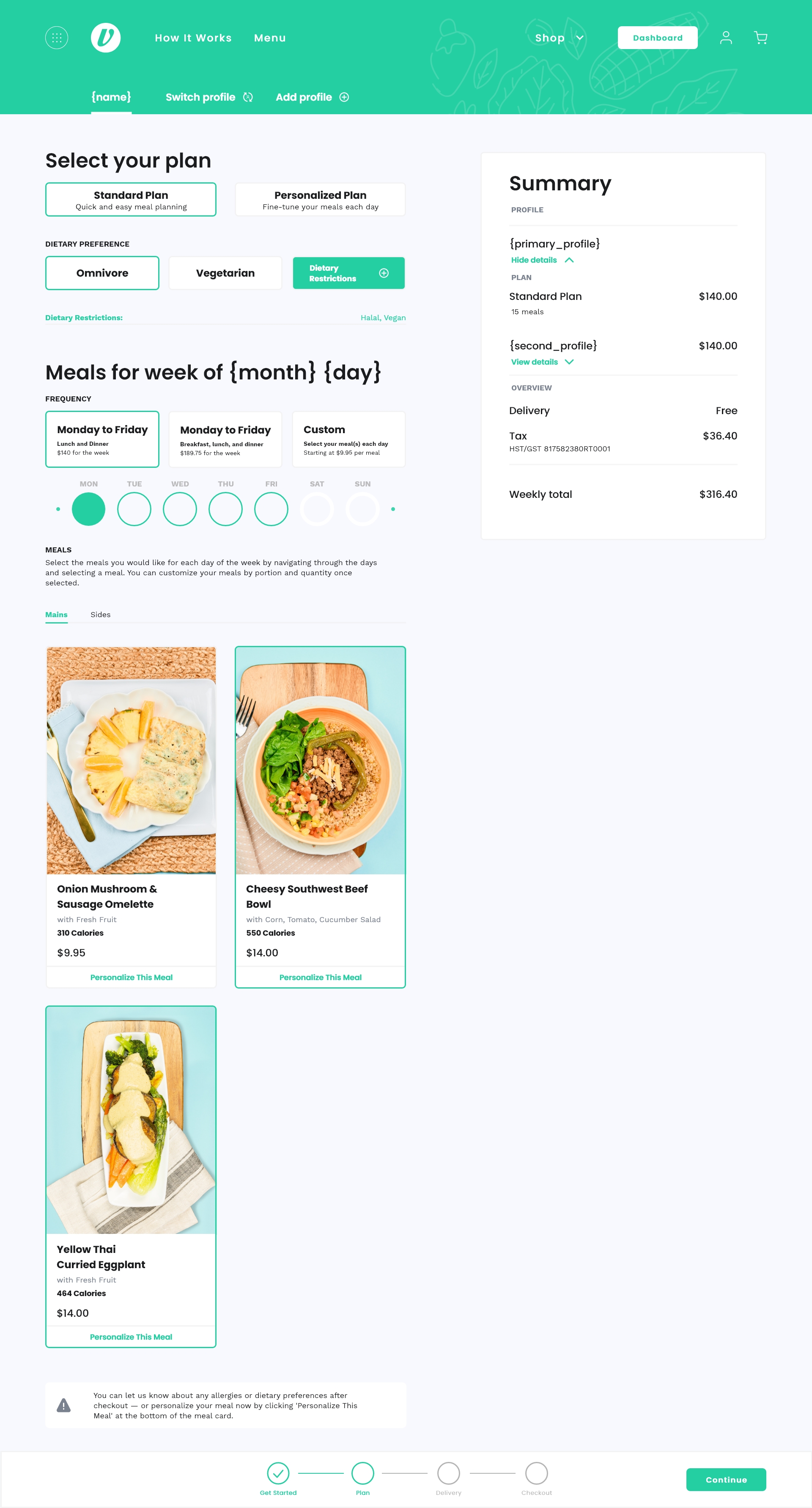 Vittle plan builder with dietary choices, weekly frequency, meals, and order summary
